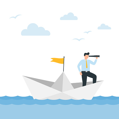 Man in a business suit with a telescope sails on a paper boat. Vector illustration.