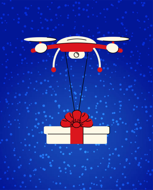 istock Contactless Christmas delivery. The drone carries a gift against the backdrop of a snowfall. Online shopping concept. Vector 1290930011