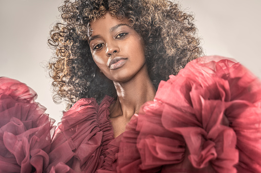 Beauty portrait of african american woman with afro hairstyle. Girl looking at camera. Elegant style. Curly hair. Brown eyes. Glamour makeup. Closeup photo.