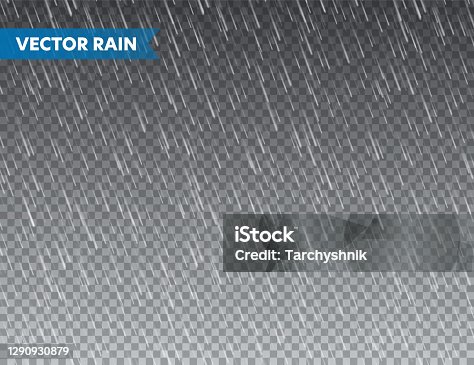 istock Realistic rain texture on transparent background. Rainfall, water drops effect. Autumn wet rainy day. Vector illustration 1290930879