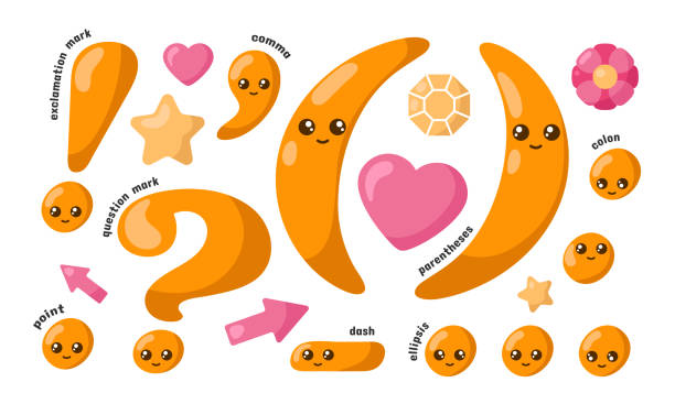 satz von niedlichen lächeln dein kawaii satzzeichen im doodle-stil. - komma stock-grafiken, -clipart, -cartoons und -symbole