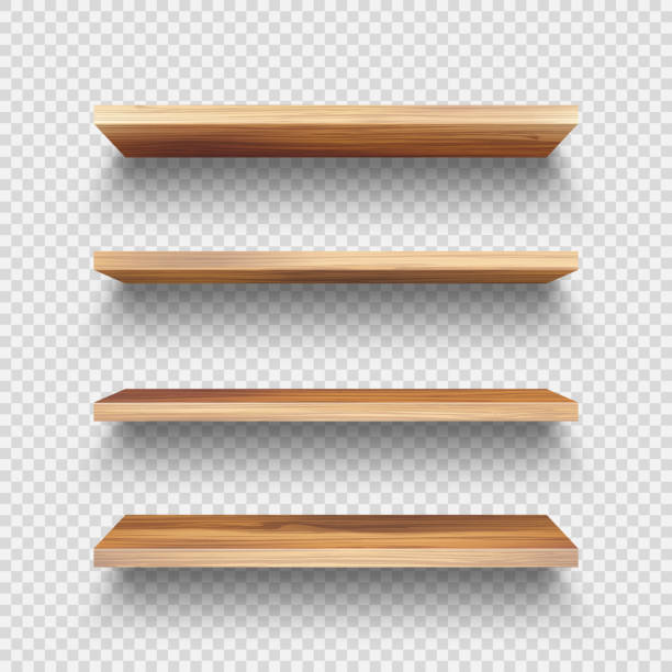 istock Realistic empty wooden store shelves set. Product shelf with wood texture. Grocery wall rack. Vector illustration 1290934204