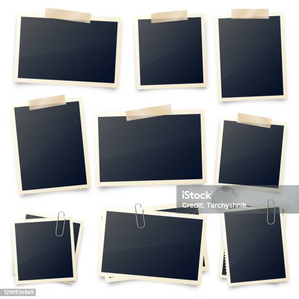Realistic Blank Photo Card Frame Film Set Retro Vintage Photograph With Adhesive Tape And Shadow Digital Snapshot Image Photography Art Template Or Mockup For Design Vector Illustration Stock Illustration - Download Image Now