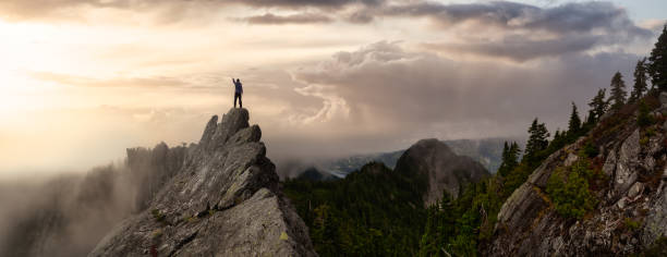 istock Adventurous Man on top of a rugged rocky mountain. 1290935625