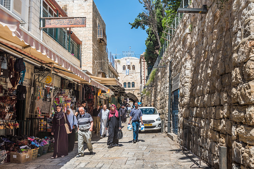 Street view of old street of Muslim quarter in the old city of Jerusalem, Israel.