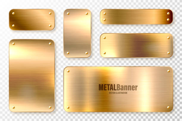 istock Realistic shiny metal banners set. Brushed steel plate. Polished copper metal surface. Vector illustration 1290941520