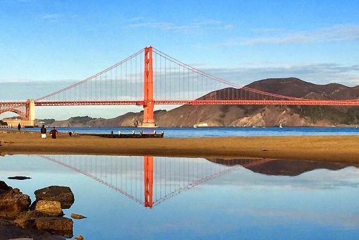 View of Golden Gate Bridge from Crissy Field in San Francisco.