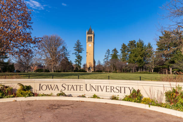 Iowa State University sign in front of the campanile Ames, IA, USA - December 4, 2020: Iowa State University sign in front of the campanile carillon stock pictures, royalty-free photos & images