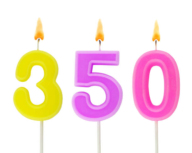istock Burning birthday candle isolated on white, number 350 1290964138