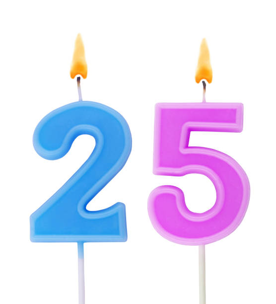 istock Burning birthday candle isolated on white, number 25 1290964139