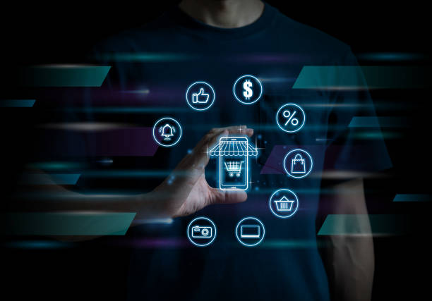 istock Online shopping business technology concept selecting with business icons.Process buying digital online shopping search string virtual screen.Copy space for your text. 1290965986
