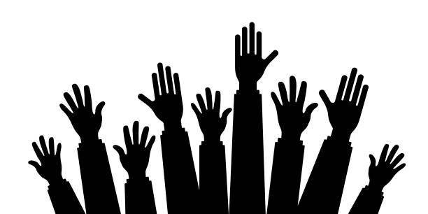ilustrações, clipart, desenhos animados e ícones de vetor de silhueta de muitas mãos levantar alto em fundo branco - human arm human hand hand raised silhouette