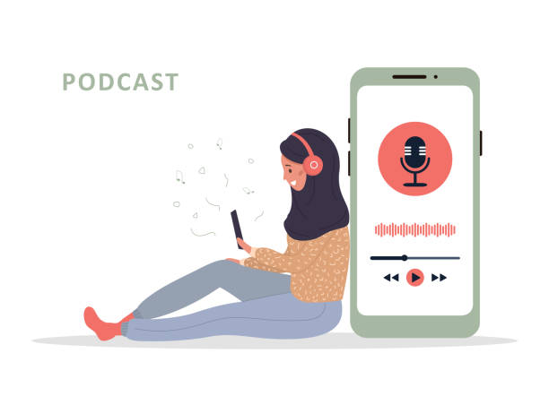illustrations, cliparts, dessins animés et icônes de jeune femme islamique de sourire dans le casque écoutant la musique et enregistrant le podcast audio. - woman taking radio vintage