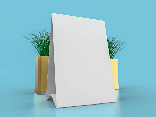 Blank paper Table Tent. Mockup on blue background. 3D illustration.