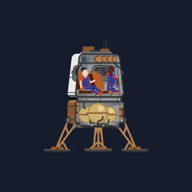 Vector illustration of Cutaway view of a lander for the moon or mars traveling in space, traditional design with a crewed section and a land/launch platform. Internals with hardware and scientific component visible, with crew floating around in the craft.