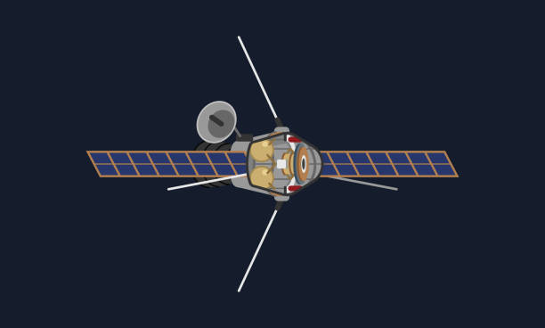 Cutaway view of a space probe traveling in space, capturing important scientific data. Internals with hardware and scientific component visible. Illustration of modern spacecraft on a space background with a cutaway view, revealing its internal structure. Vector file. lander spacecraft stock illustrations