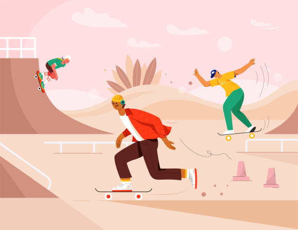 illustrazioni stock, clip art, cartoni animati e icone di tendenza di persone felici che cavalcano skateboard allo skate park - skateboard park