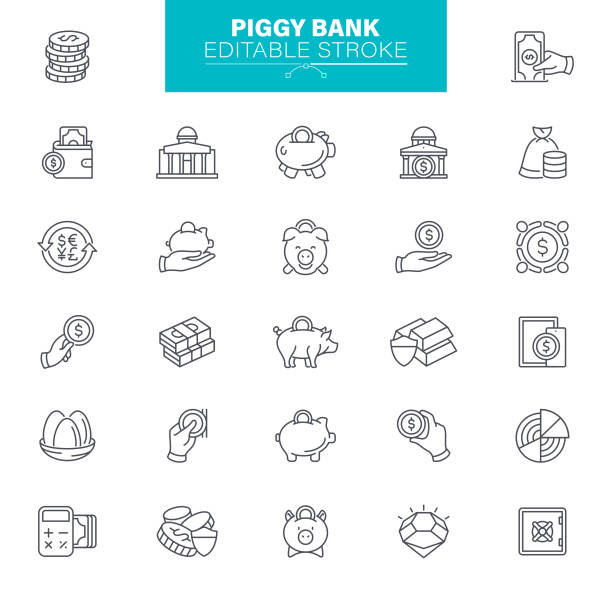 Piggy Bank Icons. Set contains icon payment, money, deposit, investment, fund balance, savings, illustration Banking line icons set. Pension payment, money deposit, investment fund balance vector illustration. Outline signs piggy bank. Editable Strokes. nest egg stock illustrations