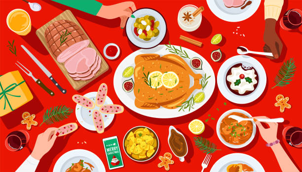 illustrazioni stock, clip art, cartoni animati e icone di tendenza di cena festiva di natale, gente che cena insieme. - cena natale