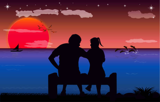 istock couple sit on beach with silhouette twilight is a sunset on the sea, design vector illustration 1290985382