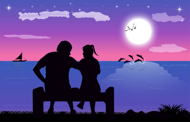 istock couple sit on beach with silhouette twilight is a moon on the sea, design vector illustration 1290985383
