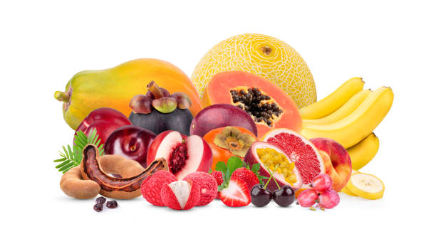 istock papaya; melon; banana; mangosteen; grapefruit; tamarind, Strawberry, Lychee, persimmon, grape, passion fruit, melon, cherry on white background 1290985937