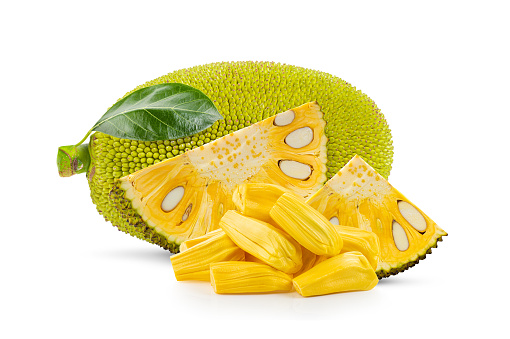 ripe Jackfruit with leaf isolated on white background