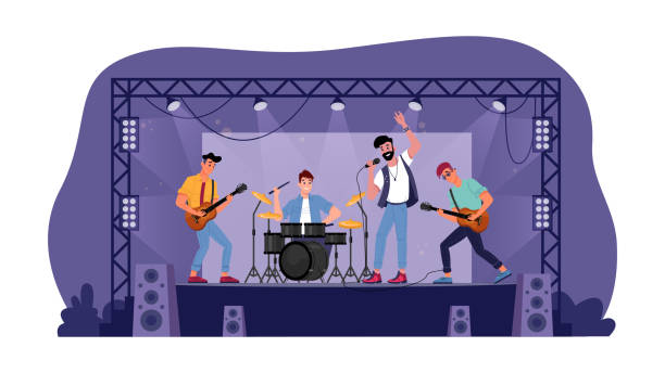 ilustrações de stock, clip art, desenhos animados e ícones de rock music band on open stage isolated musicians playing on guitars, drum set and singer with microphone. vector music players perform on electric string instruments, man sing in mic, jazz group party - microphone stage music popular music concert