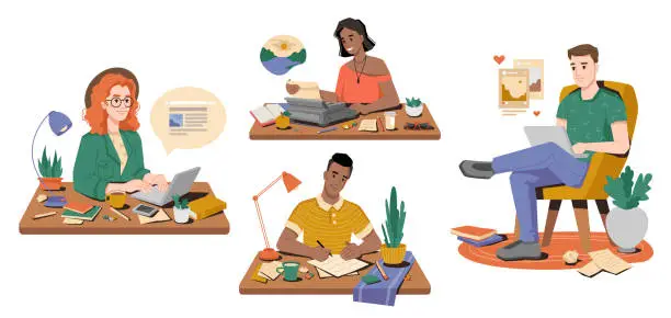 Vector illustration of Man and woman journalists correspondence write articles on typewriter, laptop, piece of paper. Vector secretaries or freelancers on workplace, typing posts, cup of tea coffee, books and pens on table