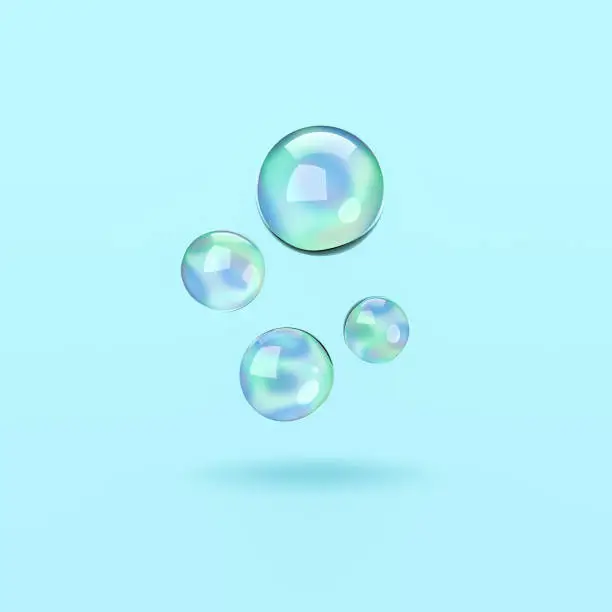 Funny Soap Bubbles on Blue Background 3D Illustration