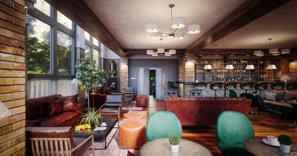 Empty Pub Interior Digitally generated interior of a pub.
The scene was rendered with photorealistic shaders and lighting in Autodesk® 3ds Max 2020 with V-Ray 5 with some post-production added. brick cafe stock pictures, royalty-free photos & images