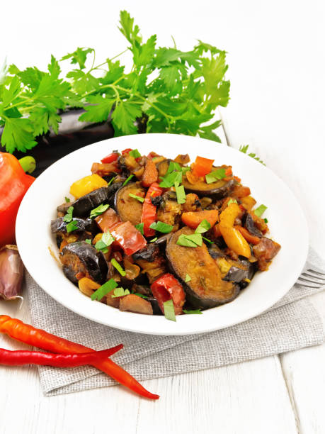 istock Ragout with eggplant and pepper on napkin 1290990511