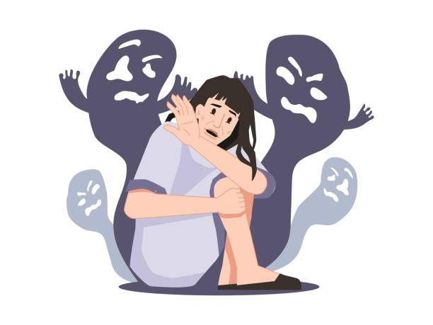 illustrazioni stock, clip art, cartoni animati e icone di tendenza di personaggio affetto da schizofrenia e allucinazioni che vedono fantasmi e creature, spiriti e sfumature. disturbo mentale e malattie, persona psicopatica o schizofrenica. vettore in stile piatto - women changing form personage behavior