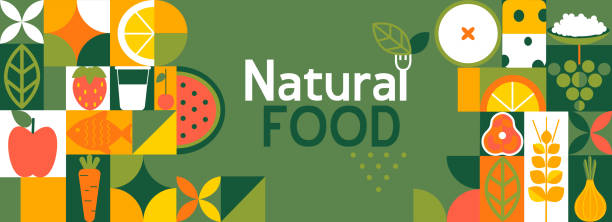 bildbanksillustrationer, clip art samt tecknat material och ikoner med naturlig mat banner i platt stil. - healthy food