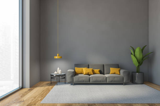istock Hall mockup copy space with grey sofa against grey wall 1290993266