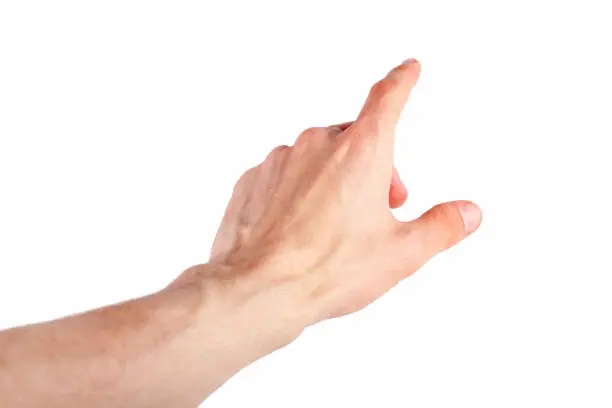 Photo of Human finger pointing out, pressing, tapping screen natural gesture isolated on white background, cut out. Interaction with media, showing something, choosing, augmented reality hand movement concept