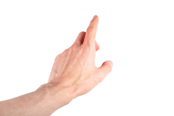 istock Human finger pointing up, pressing, tapping screen natural gesture isolated on white background, cut out. Interacting with ar media, showing something, choosing, augmented reality interaction concept 1290994245