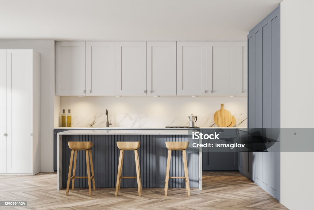 Modern white and gray kitchen with bar Interior of stylish kitchen with white and gray walls, wooden floor and bar. 3d rendering Kitchen Stock Photo