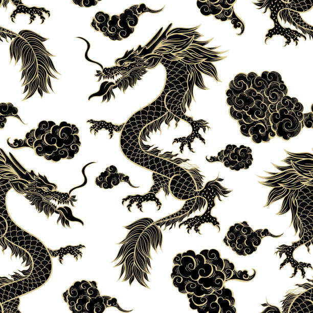 구름 에 비행 동양 검은 용 매끄러운 패턴. 중국 전통 신화 동물 - oriental dragon stock illustrations