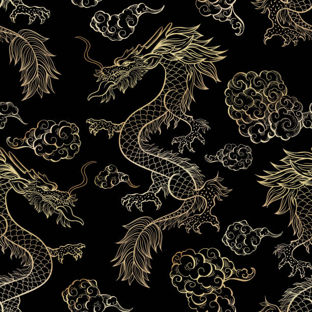 Chinese dragon on red vector seamless pattern vector art illustration