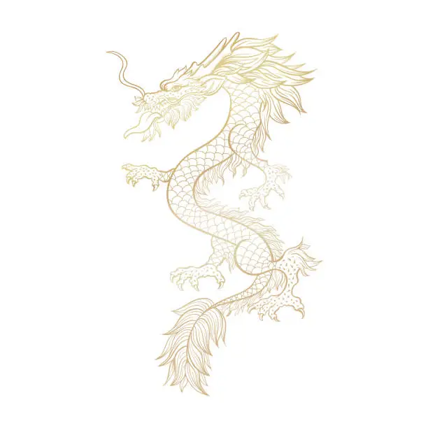 Vector illustration of Gold Outline Chinese mythic dragon cut file template