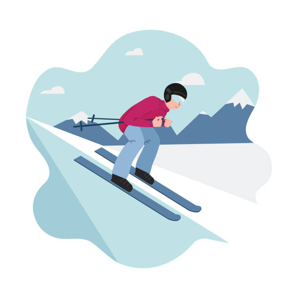 banner des wintersports - bergski, ein mann auf skiern rauscht die piste hinunter. mann auf dem hintergrund der silhouetten von bergen. vektor-illustrationen im flachen stil - rosa, blau, weiß farben. - skiing ski winter sport freestyle skiing stock-grafiken, -clipart, -cartoons und -symbole