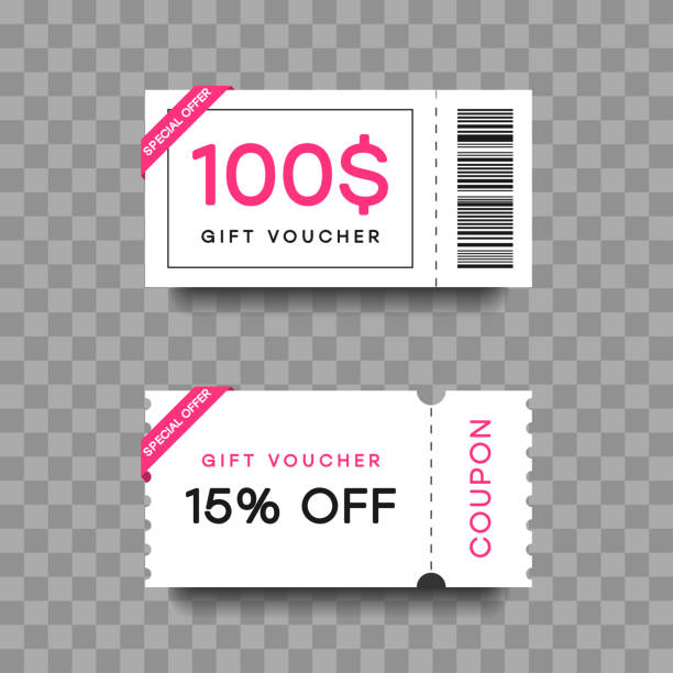 Gift voucher template set. Discount fashion card. Coupon with special offer for shopping or beauty salon. Isolated on transparent background with shadow. Vector Gift voucher template set. Discount fashion card. Coupon with special offer for shopping or beauty salon. Isolated on transparent background with shadow. Vector illustration. coupon stock illustrations