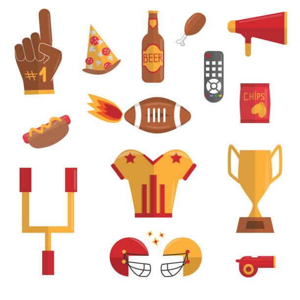 illustrations, cliparts, dessins animés et icônes de ensemble vectoriel du super bowl. célébration de jeux de sport, football américain, concept de football. fastfood pour la fête du super bowl. casque, sifflet, gant de ventilateur, tasse, tranche de pizza, croustilles, bouteille de bière, mégaphone, m - football helmet playing field american football sport