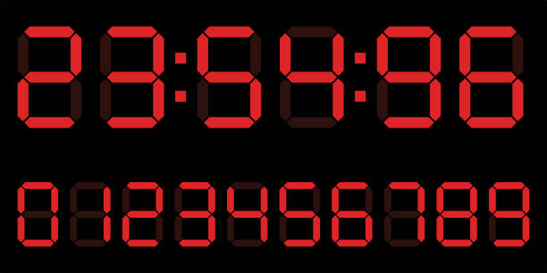 ilustrações, clipart, desenhos animados e ícones de vermelho número do relógio digital definido. contador eletrônico, número da calculadora. ilustração vetorial. - minute hand number 8 clock number 7