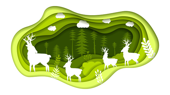 yellow, paper, field, mountain, park, spring, outdoor, scene, design, cartoon, art, sky, deer, grass, summer, abstract, animal, back, background, carve, cloud, clouds, craft, creative, cut, earth, eco, ecology, environment, forest, friendly, graphic, green, idea, illustration, isolated, landscape, leaf, natural, nature, paper cut, plant, save, silhouette, style, tree, tree isolated, vector, world