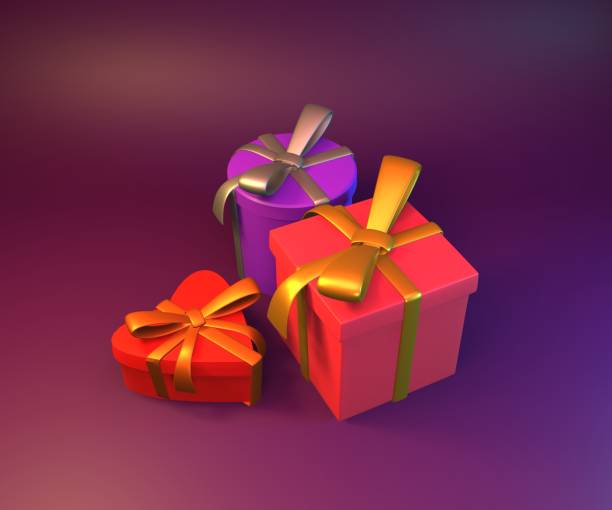 istock 3d gift boxes illustrations with golden ribbon. 3d rendering of three gift box illustration with golden ribbon. 3d illustration of present boxes with golden ribbon isolated on dark purple background 1291010036