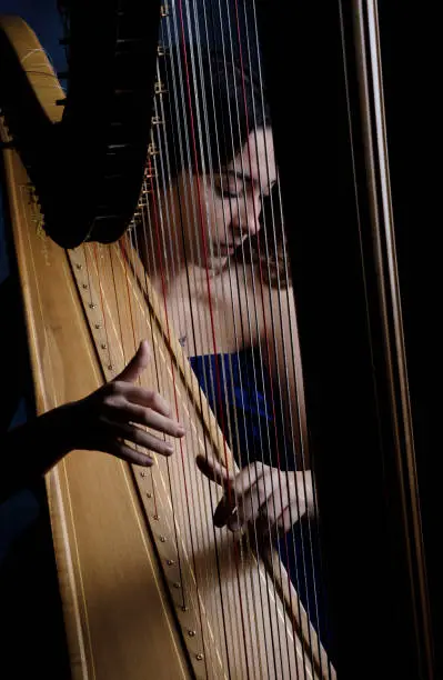 Young girl posing with harp, harp player girl