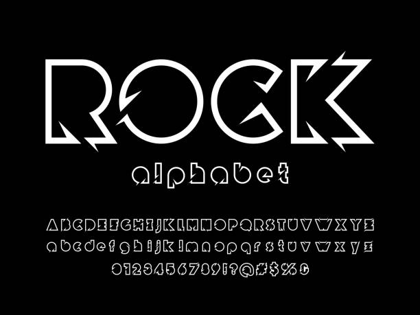 rock style font Abstract modern rock style alphabet design with uppercase, lowercase, numbers and symbols rocking stock illustrations