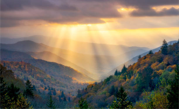istock Sunrise Light Rays over Rolling Mountain Ridges ad Autumn Colorful Foliage 1291010983